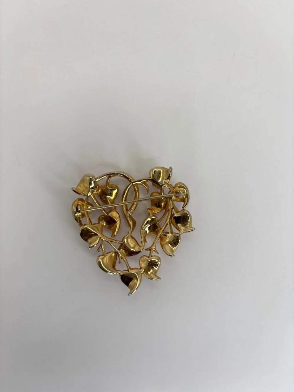 Vintage Gold Tone Pink Moonglow Stones & White Enamel Heart Brooch Pin